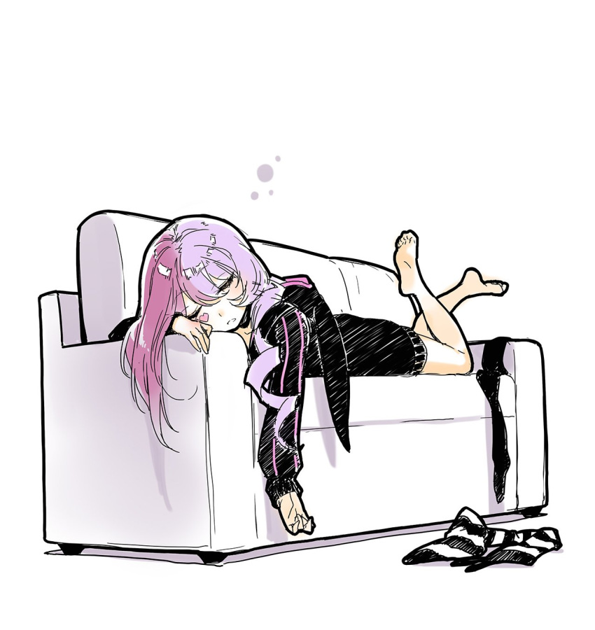 #compass, 1girl, asymmetrical_hair, barefoot, closed_eyes, commentary_request, couch, dress