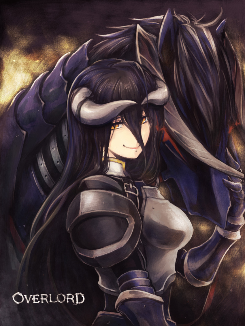 1girl, albedo, armor, black_hair, breastplate, copyright_name, floating_hair, from_side