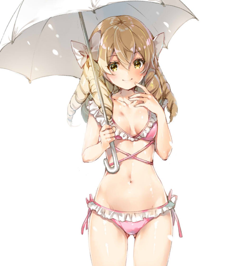 1girl, bikini, blonde_hair, bow, closed_mouth, drill_hair, fire_emblem, fire_emblem:_kakusei