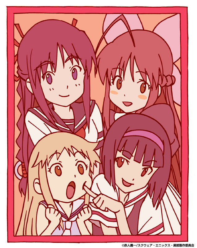4girls, amase_saki, bob_cut, gainaxtop, hoshimura_makina, multiple_girls, open_mouth, poke