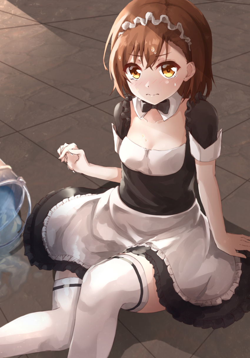 1girl, alternate_costume, apron, arm_support, black_bow, black_skirt, bow, bowtie, breasts, brown_hair, choker, cleavage, collarbone, enmaided, eyebrows_visible_through_hair, flugel_(kaleido_scope-710), frilled_skirt, frills, hair_between_eyes, highres, maid, miniskirt, misaka_mikoto, short_hair, sitting, skirt, small_breasts, solo, thigh-highs, to_aru_majutsu_no_index, wet, wet_hair, white_apron, white_legwear, yellow_eyes, zettai_ryouiki