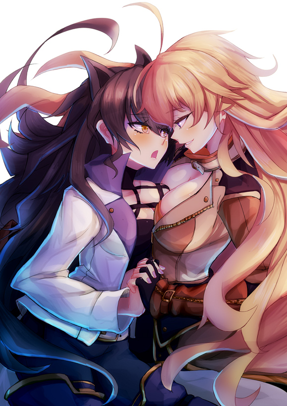 2girls, ahoge, animal_ears, black_gloves, black_hair, black_pants, blake_belladonna, blonde_hair