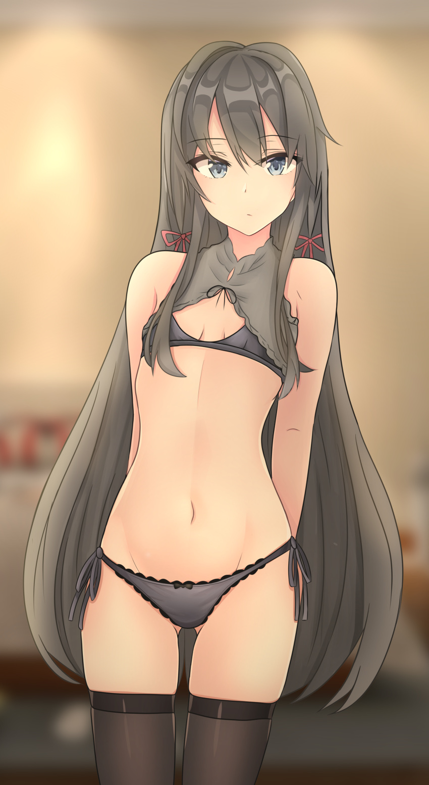 1girl, absurdres, arms_behind_back, black_bra, black_hair, black_legwear, black_panties, blue_eyes