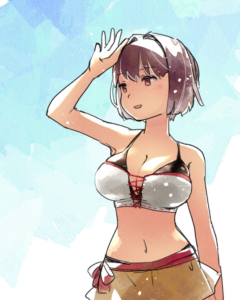 1girl, bare_shoulders, bikini, breasts, brown_bikini_bottom, brown_eyes, brown_hair, cleavage