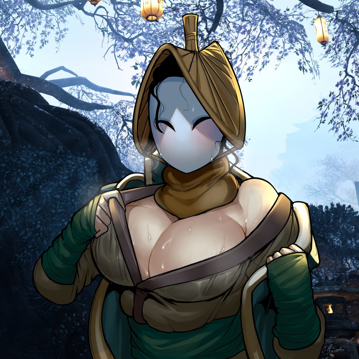 1girl, black_hair, blush, breasts, cleavage, commentary, english_commentary, for_honor, highres, japanese_clothes, krekk0v, large_breasts, mask, nobushi_(for_honor), off_shoulder, outdoors, sleeves_past_wrists, solo, sweat, upper_body