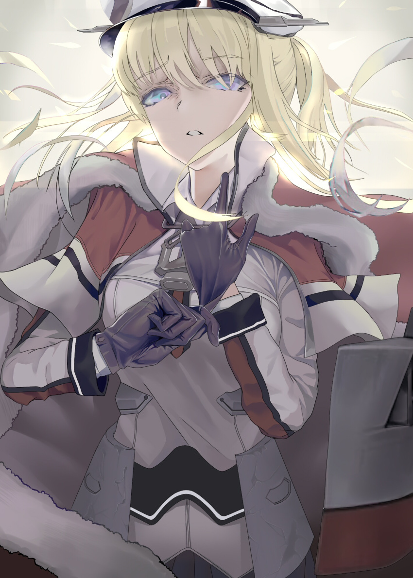 1girl, aircraft, anchor, black_gloves, blonde_hair, capelet, commentary_request, dirigible