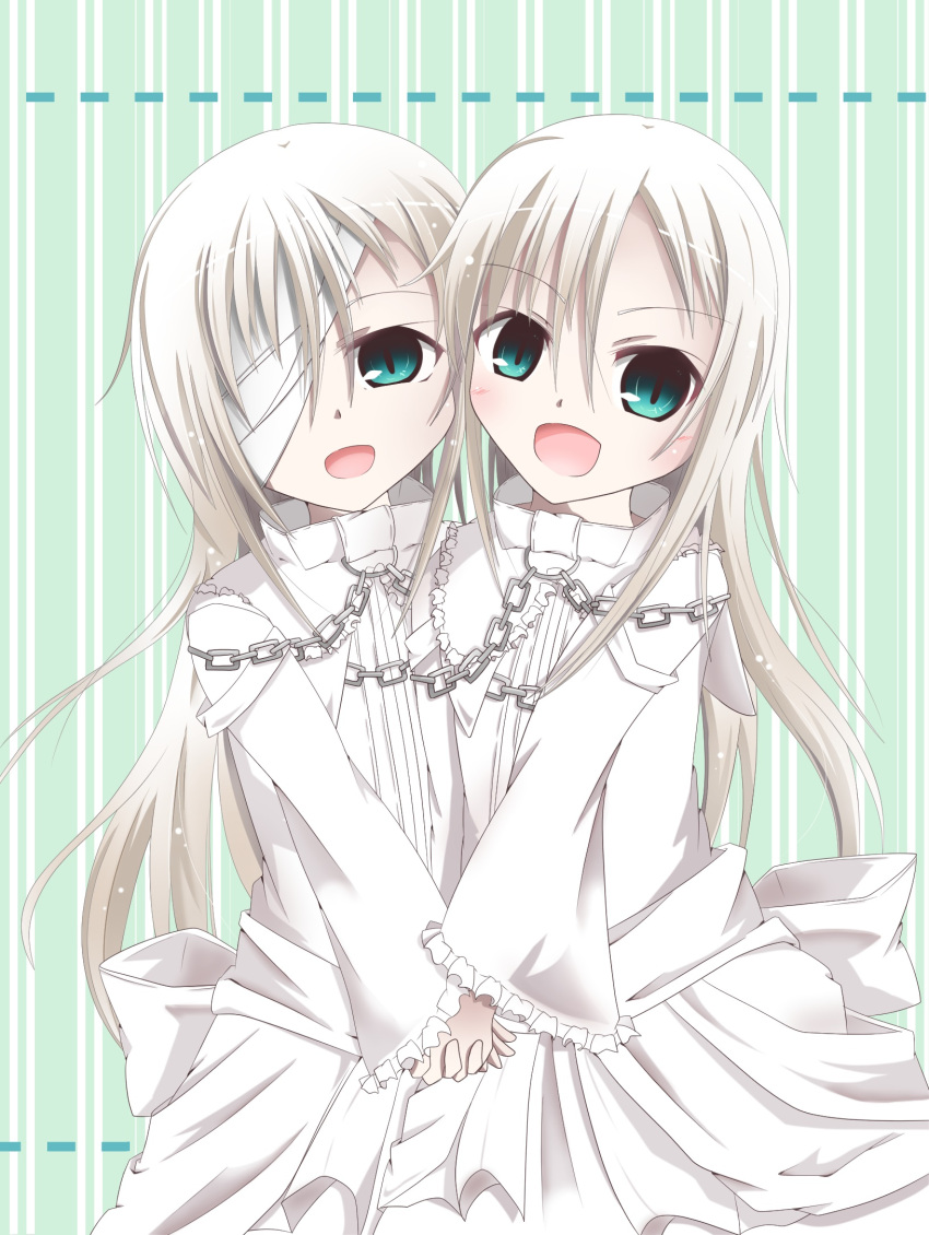 1boy, 1girl, :d, bandage, bandage_over_one_eye, blue_eyes, chains, dies_irae