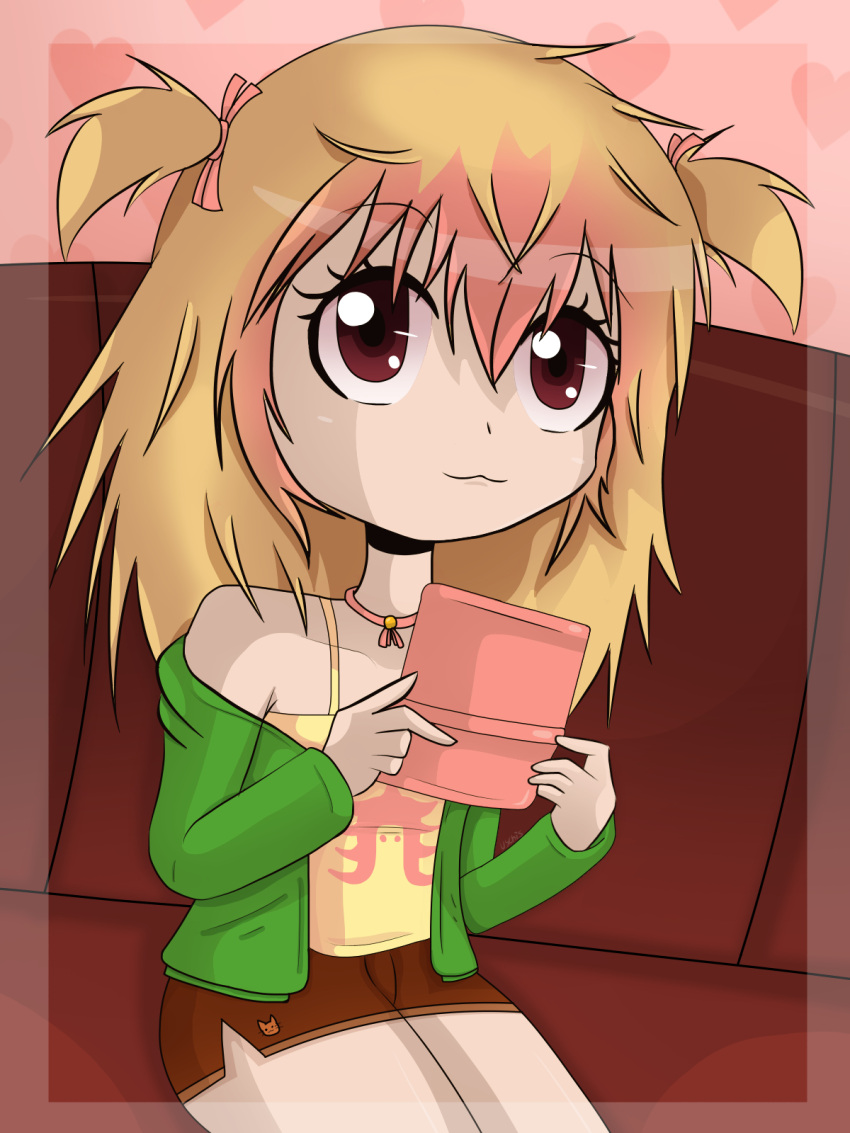 1girl, :3, blonde_hair, camisole, commentary, copyright_request, english_commentary, handheld_game_console