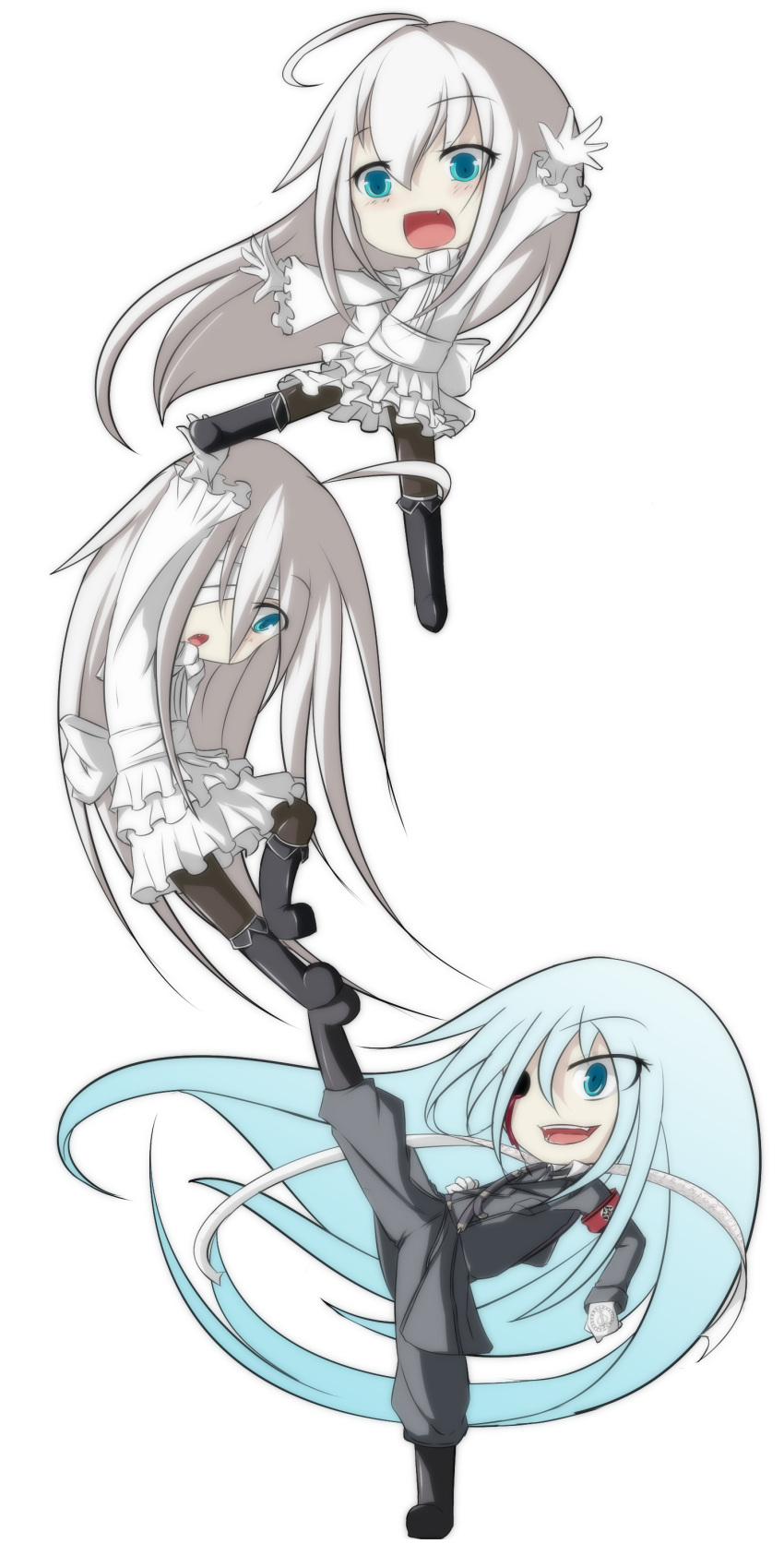 1girl, 2boys, absurdres, ahoge, armband, bandage, bandage_over_one_eye, blood