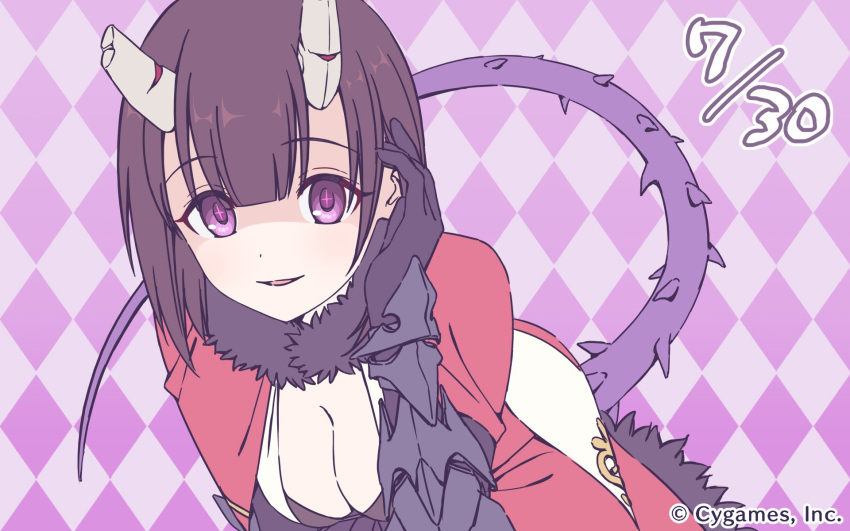 1girl, brown_hair, cygames, demon_girl, demon_tail, gauntlets, highres, horns