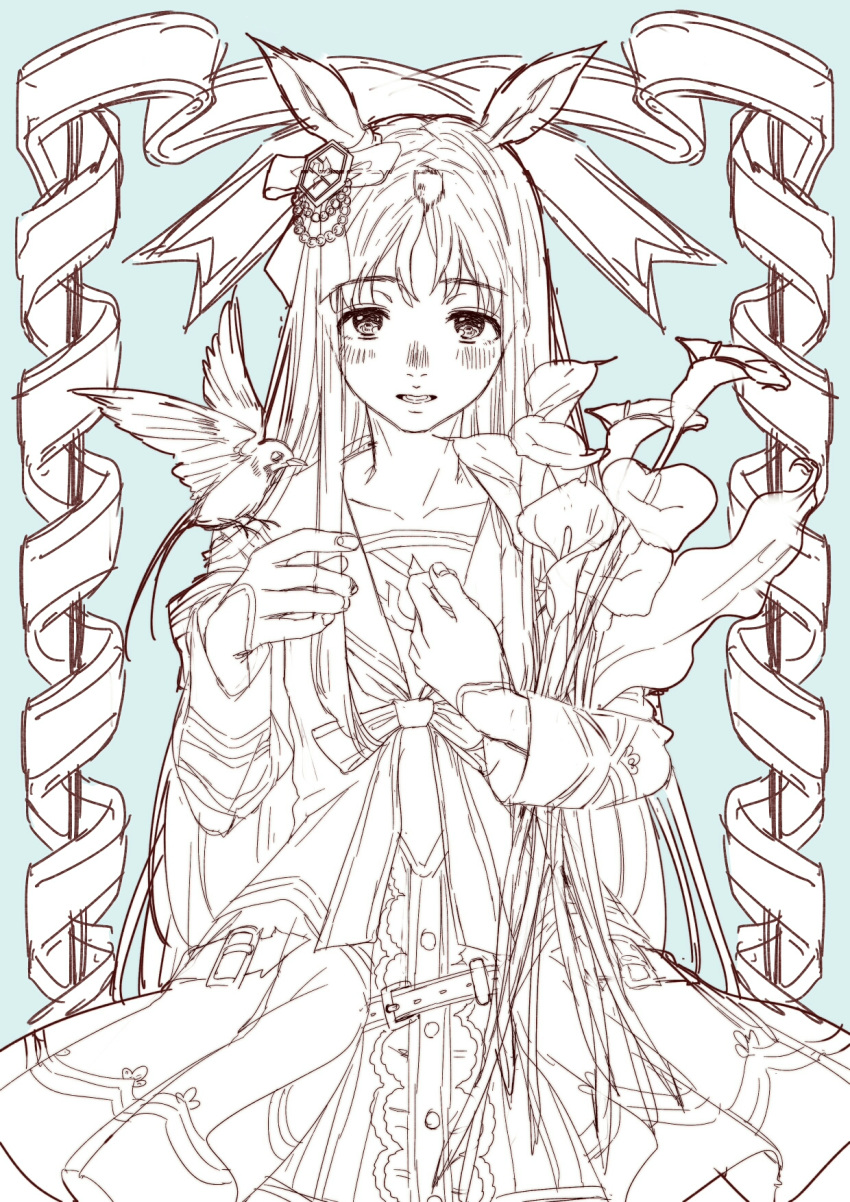 1girl, animal_ears, bird, blue_background, blush, flower, flower_request, grass_wonder