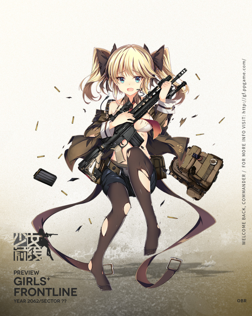 1girl, bag, bangs, bare_shoulders, battle_rifle, belt, bikini, bikini_top, black_legwear, black_ribbon, black_shorts, blazer, blonde_hair, blue_eyes, blush, bow, bow_panties, breasts, brown_jacket, buckle, bullet, character_name, closed_mouth, clothes_writing, collarbone, copyright_name, detached_collar, floating, frown, full_body, girls_frontline, gun, hair_ornament, hair_ribbon, headset, highres, holding, holding_gun, holding_magazine_(weapon), holding_weapon, jacket, jianren, knee_up, larue_tactical_obr, logo, long_hair, long_sleeves, magazine_(weapon), medium_breasts, midriff, navel, necktie, no_shoes, obr_(girls_frontline), off_shoulder, official_art, open_blazer, open_clothes, open_jacket, panties, panties_under_pantyhose, pantyhose, red_neckwear, ribbon, rifle, scope, shiny, shiny_skin, short_shorts, shorts, shoulder_bag, sidelocks, solo, stomach, swimsuit, torn_bikini, torn_clothes, torn_jacket, torn_pantyhose, twintails, two_side_up, unbuttoned_pants, underwear, weapon, white_bikini, wide_sleeves