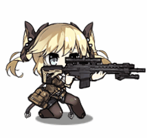 1girl, :d, animated, animated_gif, bangs, battle_rifle, bikini, black_ribbon