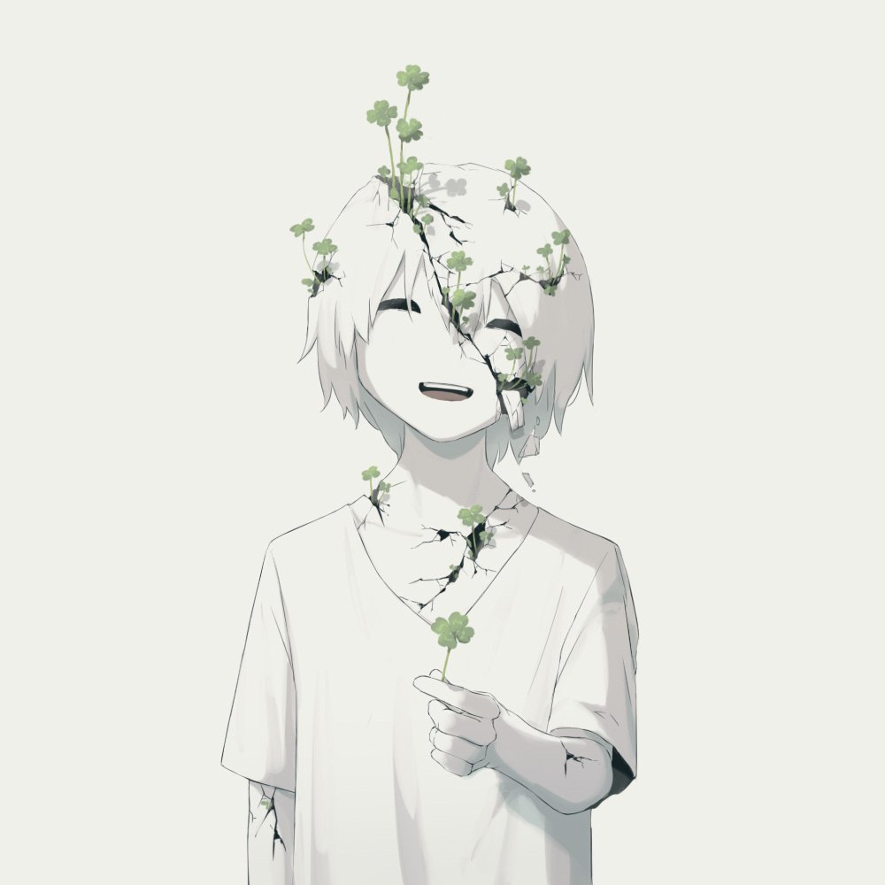 1boy, avogado6, closed_eyes, clover, commentary, cracked_skin, four-leaf_clover, holding_clover