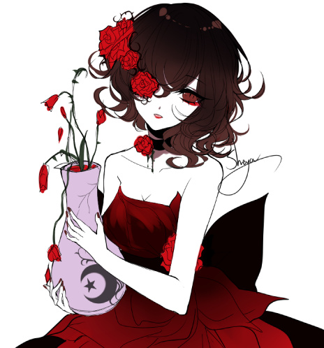 1girl, artist_name, bare_arms, bare_shoulders, black_choker, black_sash, breasts, brown_eyes, brown_hair, chinese_commentary, choker, cleavage, collarbone, commentary_request, crescent, dress, eyebrows_visible_through_hair, flower, hair_between_eyes, hair_flower, hair_ornament, head_tilt, holding, limited_palette, lipstick, looking_at_viewer, lowres, makeup, medium_breasts, nail_polish, one_eye_covered, original, parted_lips, red_dress, red_flower, red_lips, red_lipstick, red_nails, red_rose, rose, sheya, short_hair, signature, solo, spot_color, star, strapless, strapless_dress, upper_body, vase, wilted_flower