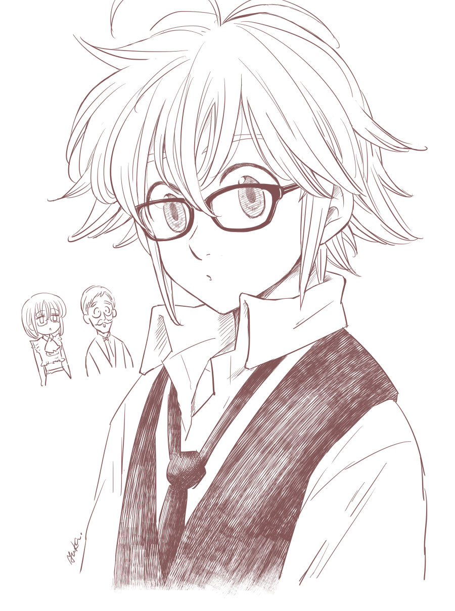 3boys, antenna_hair, bangs, escanor, glasses, gowther, greyscale, harumiya