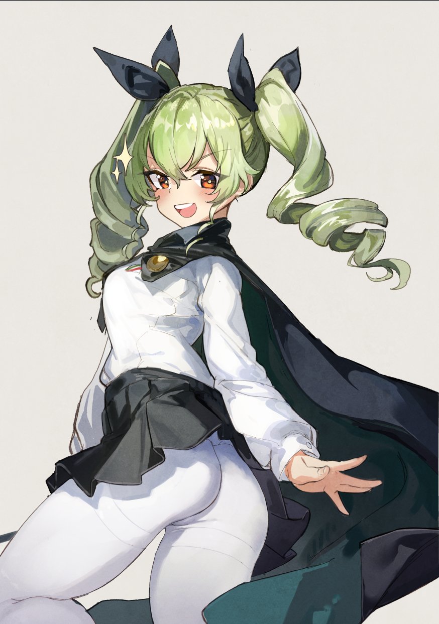 1girl, anchovy, anzio_school_uniform, ass, blush, cape, drill_hair, girls_und_panzer