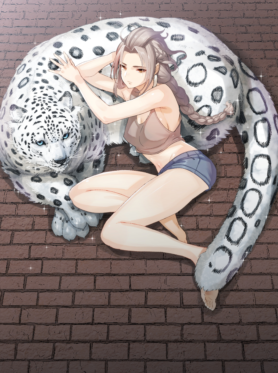 1girl, animal, bangs, bare_shoulders, blonde_hair, braid, braided_ponytail, breasts, floor, green322, h'aanit_(octopath_traveler), highres, linde_(octopath_traveler), long_hair, looking_at_viewer, octopath_traveler, shorts, single_braid, solo, tank_top, thighs, tiger, white_tiger