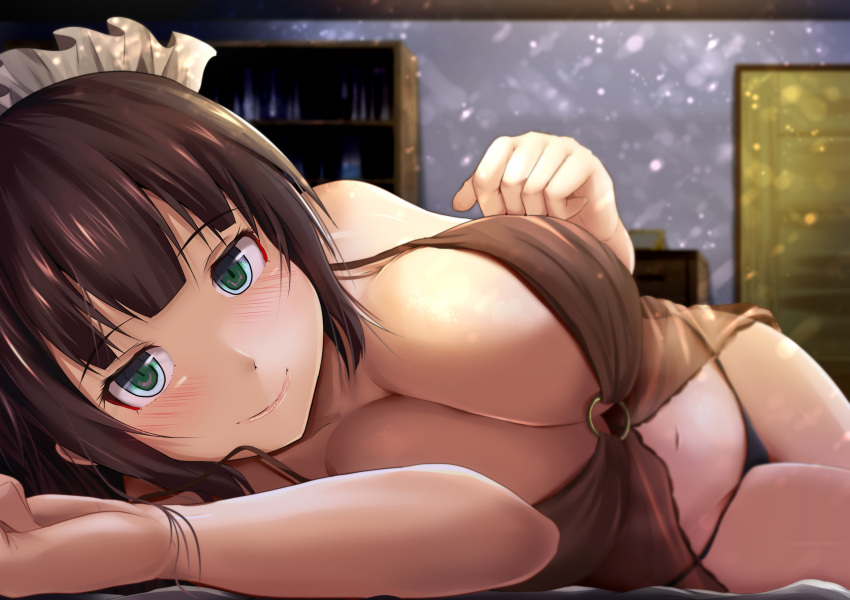 1girl, babydoll, bangs, bare_arms, bare_shoulders, bed_sheet, black_panties, blush