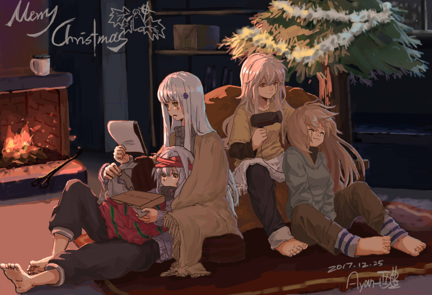404_(girls_frontline), absurdres, artist_request, chimney, christmas, christmas_tree, closed_eyes, commentary_request