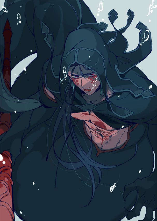 1boy, blue_hair, cu_chulainn_(fate/grand_order), facial_mark, fate/grand_order, fate_(series), hood, lancer