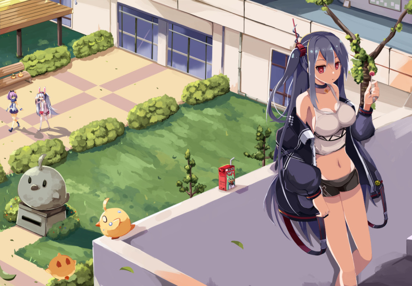 0_0, 3girls, akashi_(azur_lane), animal_ears, araragimura_udonya, azur_lane, bangs, bench