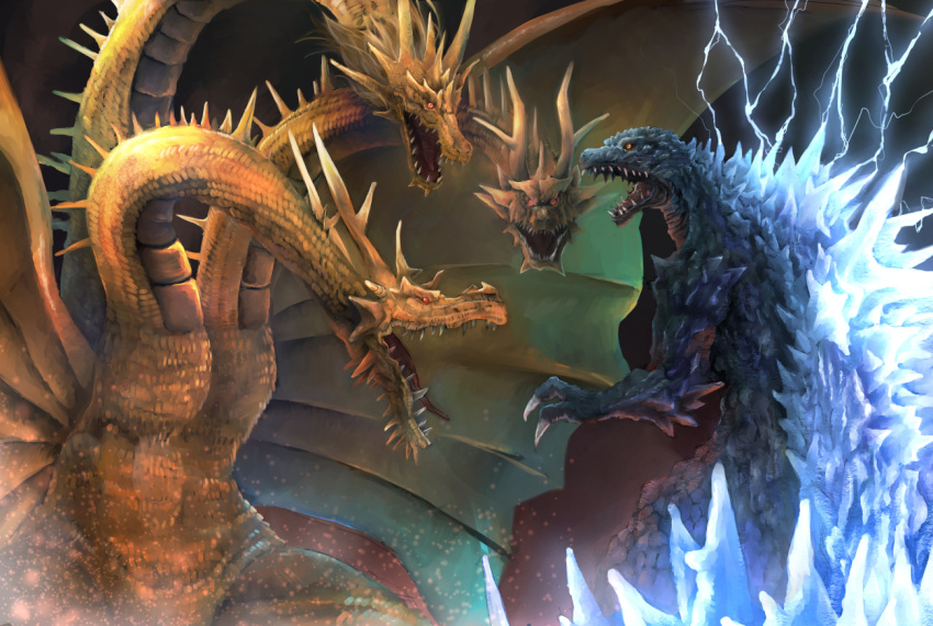 battle, claws, commentary, dragon, glowing, godzilla, godzilla_(series), gold