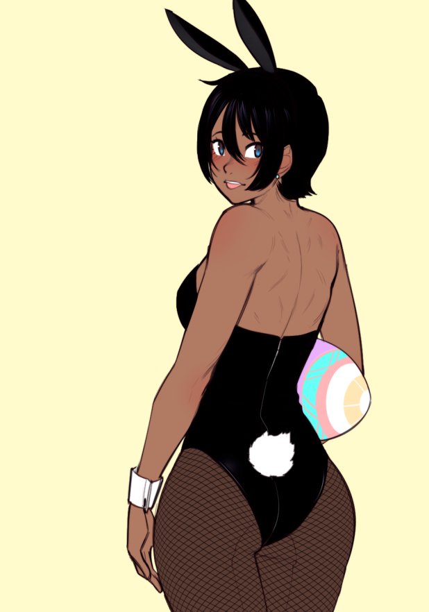 1girl, :p, animal_ears, ass, back, bare_arms, bare_shoulders, black_hair