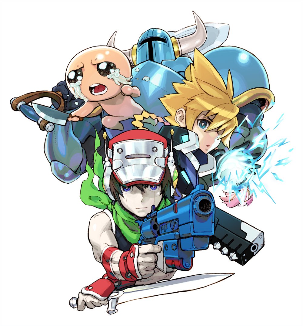 4boys, android, armor, azure_striker_gunvolt, baseball_cap, black_hair, blade_strangers, blonde_hair, blue_eyes, crossover, crying, crying_with_eyes_open, doukutsu_monogatari, dual_wielding, electricity, fingerless_gloves, full_armor, gloves, gun, gunvolt, handgun, hat, helmet, holding, holding_weapon, horned_helmet, isaac_(the_binding_of_isaac), kitchen_knife, male_focus, multiple_boys, multiple_crossover, neckerchief, nishimura_kinu, official_art, over_shoulder, pistol, popped_collar, quote, reverse_grip, revolver, robot_ears, short_sword, shovel, shovel_knight, shovel_knight_(character), spiky_hair, sword, tears, the_binding_of_isaac, weapon, weapon_over_shoulder, white_background