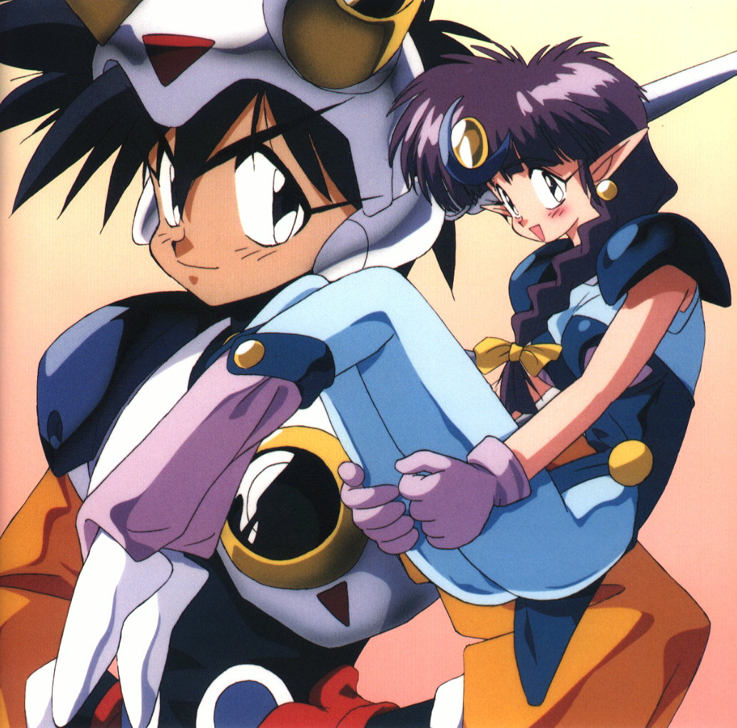 1boy, 1girl, 90s, arara_cocoa, armor, baba_lamune, black_eyes, black_hair