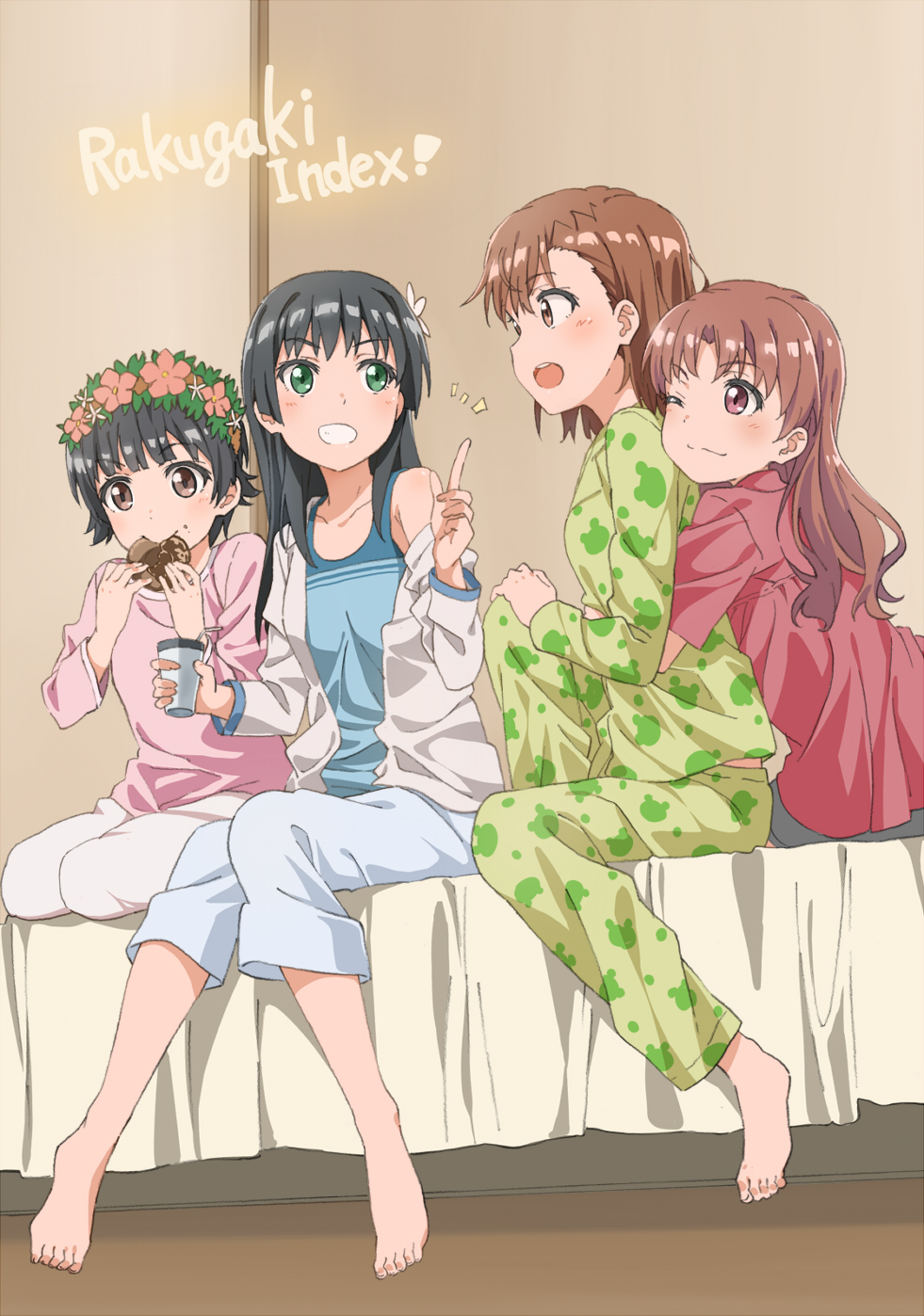 4girls, animal_print, barefoot, bed, black_hair, brown_eyes, brown_hair, commentary_request, cover, cover_page, delf, doujin_cover, flower, frog_print, green_eyes, green_pajamas, grin, hair_down, hair_flower, hair_ornament, head_wreath, highres, hug, hug_from_behind, long_hair, misaka_mikoto, multiple_girls, one_eye_closed, pajamas, saten_ruiko, shirai_kuroko, short_hair, sitting, sleepwear, smile, to_aru_kagaku_no_railgun, to_aru_majutsu_no_index, tumbler, uiharu_kazari