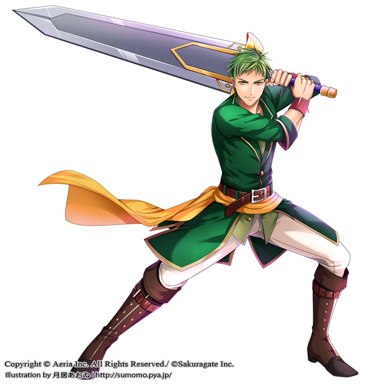1boy, belt, bracer, brown_footwear, full_body, green_hair, holding, holding_sword, holding_weapon, looking_at_viewer, official_art, over_shoulder, pants, paranai, solo, standing, sword, watermark, weapon, white_pants, wii_hola, yellow_eyes
