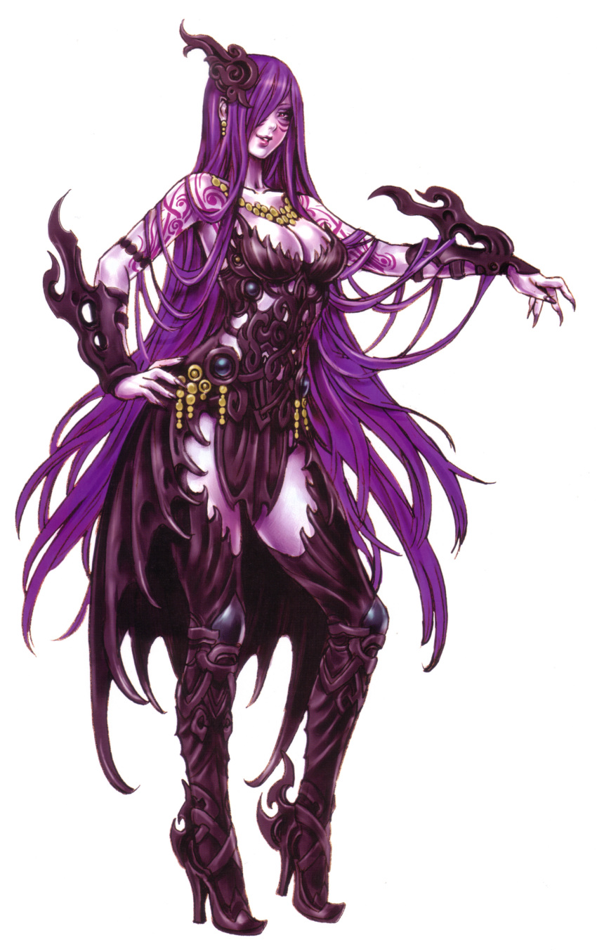 1girl, breasts, cleavage, facial_mark, female, fingernails, full_body, hair_over_one_eye, high_heels, highres, jewelry, lips, long_fingernails, long_hair, necklace, parted_lips, purple_hair, purple_skin, shoes, simple_background, solo, standing, tattoo, very_long_hair, white_background, wild_flower, yamashita_shun'ya, yamashita_shunya