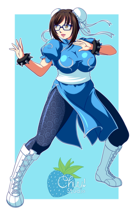 1girl, bangs, blue_dress, boots, bracelet, breasts, brown_eyes, brown_hair, bun_cover, capcom, china_dress, chinese_clothes, chun-li, chun-li_(cosplay), commentary, cosplay, deviantart, double_bun, dress, fighting_stance, glasses, jewelry, large_breasts, mei_(overwatch), overwatch, pantyhose, puffy_short_sleeves, puffy_sleeves, short_sleeves, solo, spiked_bracelet, spikes, street_fighter, thighs, white_footwear, xenokurisu
