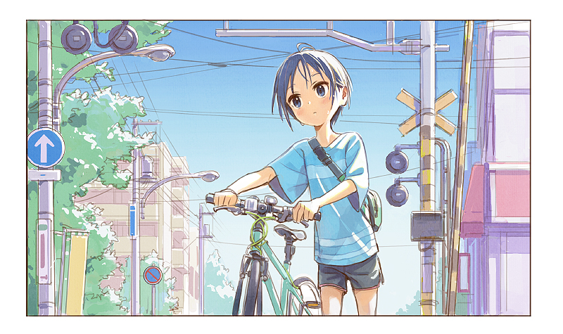 1girl, bag, bicycle, blue_shirt, cowboy_shot, frame, ground_vehicle, gym_shorts, hand_on_handle, kurosaki_honoka, lamppost, matsuo_yuusuke, oversized_clothes, oversized_shirt, road_sign, shirt, shorts, shoulder_bag, sign, sky, solo, sweat, tree, yama_no_susume