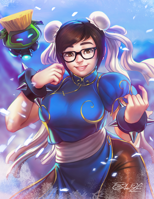 1girl, amber_harris, bangs, blue_dress, bracelet, breasts, brown_eyes, brown_hair, bun_cover, capcom, china_dress, chinese_clothes, chun-li, chun-li_(cosplay), commentary, cosplay, deviantart, double_bun, dress, glasses, guile, guile_(cosplay), jewelry, large_breasts, mei_(overwatch), overwatch, pantyhose, puffy_short_sleeves, puffy_sleeves, robot, short_sleeves, sleeves, smile, snowball_(overwatch), spiked_bracelet, spikes, street_fighter, upper_body