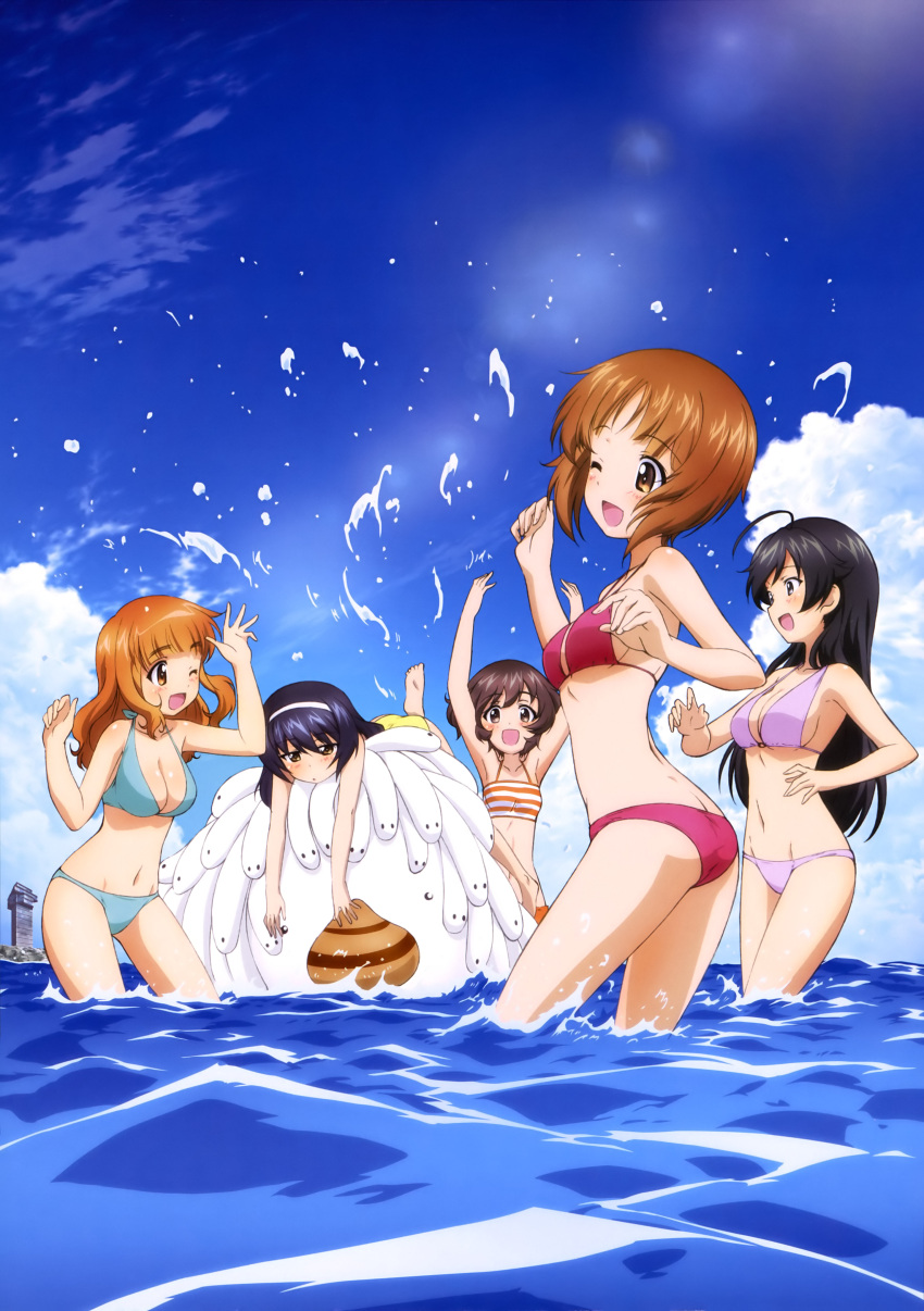 5girls, absurdres, akiyama_yukari, arms_up, ass, bare_legs, bikini, black_hair, blue_bikini, blush, breasts, brown_eyes, brown_hair, cleavage, clouds, day, eyebrows_visible_through_hair, girls_und_panzer, grey_eyes, hairband, highres, inflatable_toy, isuzu_hana, lens_flare, lying, medium_breasts, multiple_girls, navel, nishizumi_miho, ocean, official_art, on_stomach, one_eye_closed, ooarai_marine_tower, open_mouth, orange_hair, outdoors, purple_bikini, reizei_mako, sideboob, sky, small_breasts, smile, splashing, striped, striped_bikini, swimsuit, takebe_saori, tired, wading, water, waves, wet