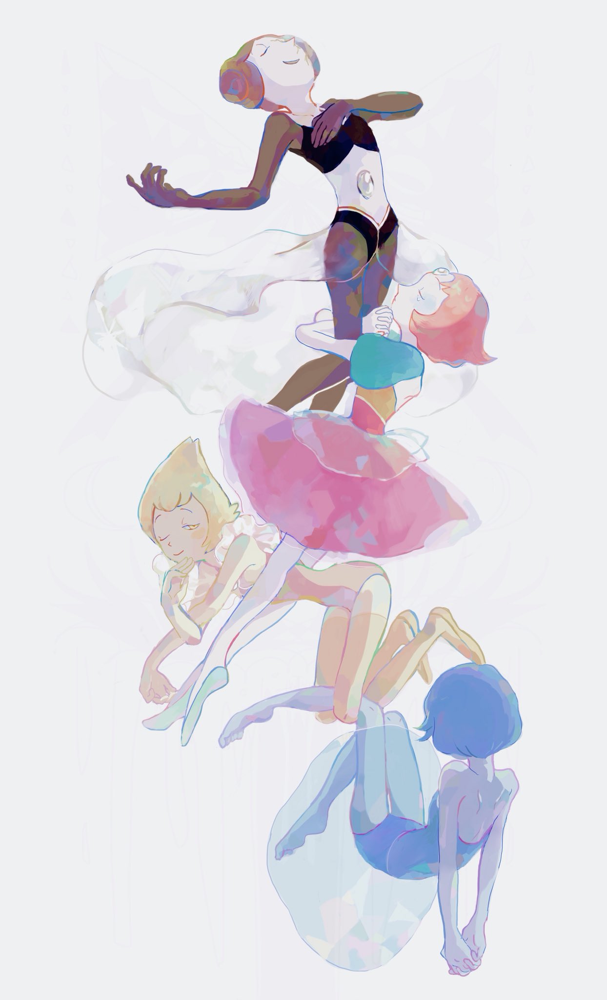 4girls, ;), arms_behind_back, backless_outfit, ballet_slippers, blonde_hair, blue_hair, blue_pearl_(steven_universe), blue_skin, bob_cut, floating, frills, grey_background, grey_hair, hand_on_own_chest, hands_clasped, highres, leotard, looking_at_viewer, midriff, multiple_girls, one_eye_closed, own_hands_together, pearl, pearl_(steven_universe), see-through, short_hair, simple_background, smile, spoilers, steven_universe, tears, thigh-highs, white_pearl_(steven_universe), white_skin, yellow_legwear, yellow_pearl_(steven_universe), yellow_skin