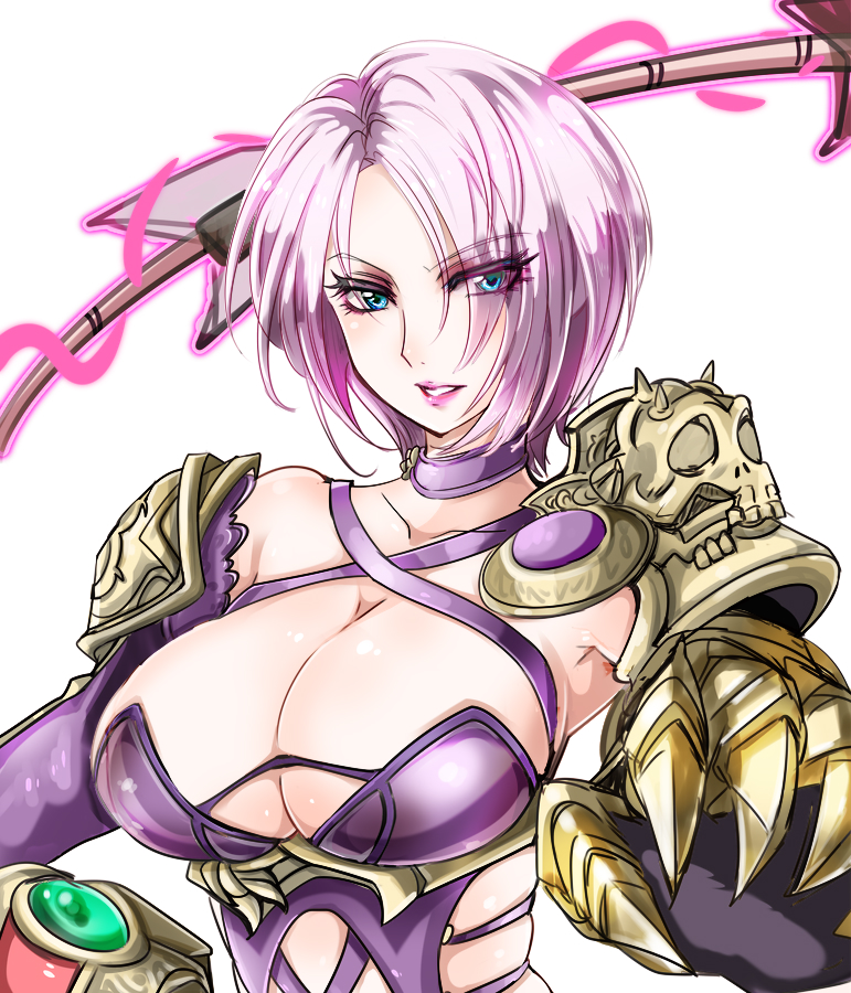 1041_(toshikazu), 1girl, aqua_eyes, armor, breasts, cleavage, collar, collarbone, commentary_request, eyes_visible_through_hair, gauntlets, gloves, hair_over_one_eye, isabella_valentine, large_breasts, makeup, pauldrons, revealing_clothes, short_hair, silver_hair, single_gauntlet, soul_calibur, sword, weapon, whip, whip_sword