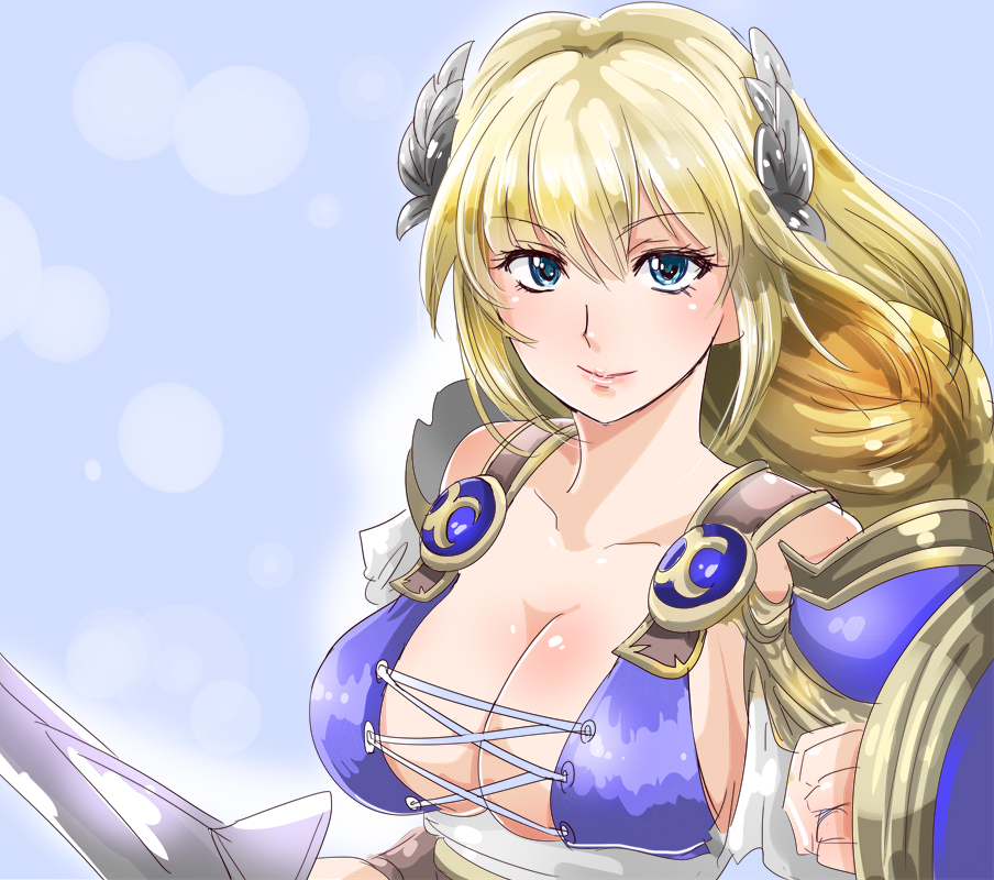 1041_(toshikazu), 1girl, armor, bangs, blonde_hair, blue_eyes, blush, braid