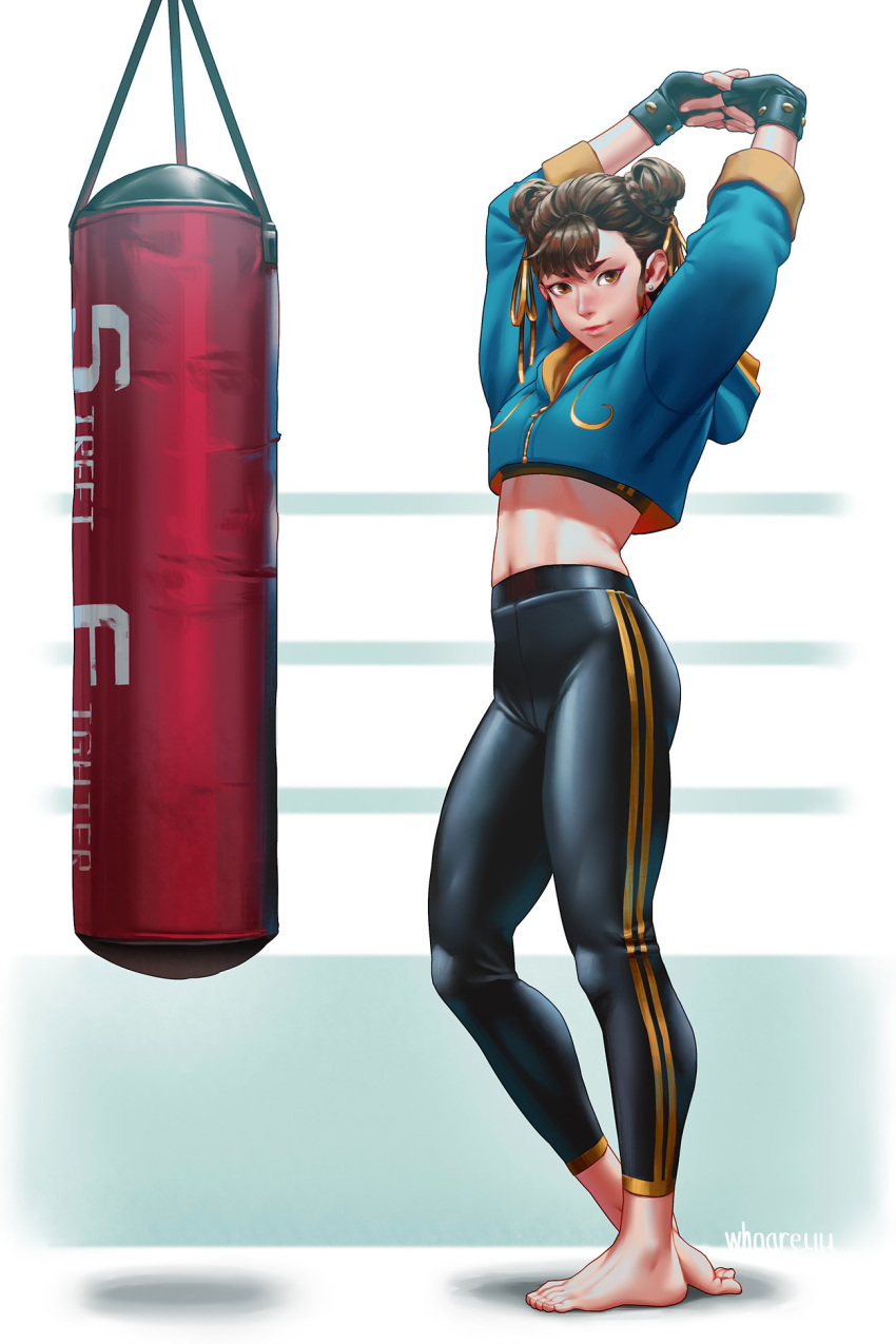 1girl, arms_up, artist_name, barefoot, black_gloves, brown_eyes, brown_hair, capcom