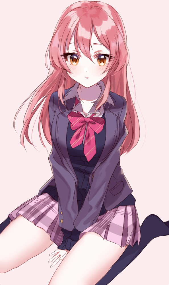 1girl, :o, alternate_hairstyle, arm_support, between_legs, blazer, blush, brown_eyes