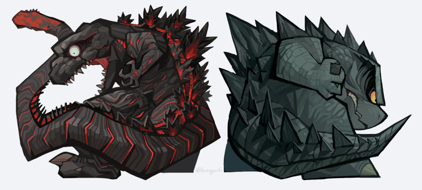 back-to-back, chibi, claws, clenched_teeth, dual_persona, fangs, godzilla, godzilla_(2014), godzilla_(series), head_down, kaijuu, koroguchi, looking_to_the_side, monster, open_mouth, scales, shin_godzilla, simple_background, spikes, spines, tail, teeth, very_long_tail, wide-eyed, yellow_eyes