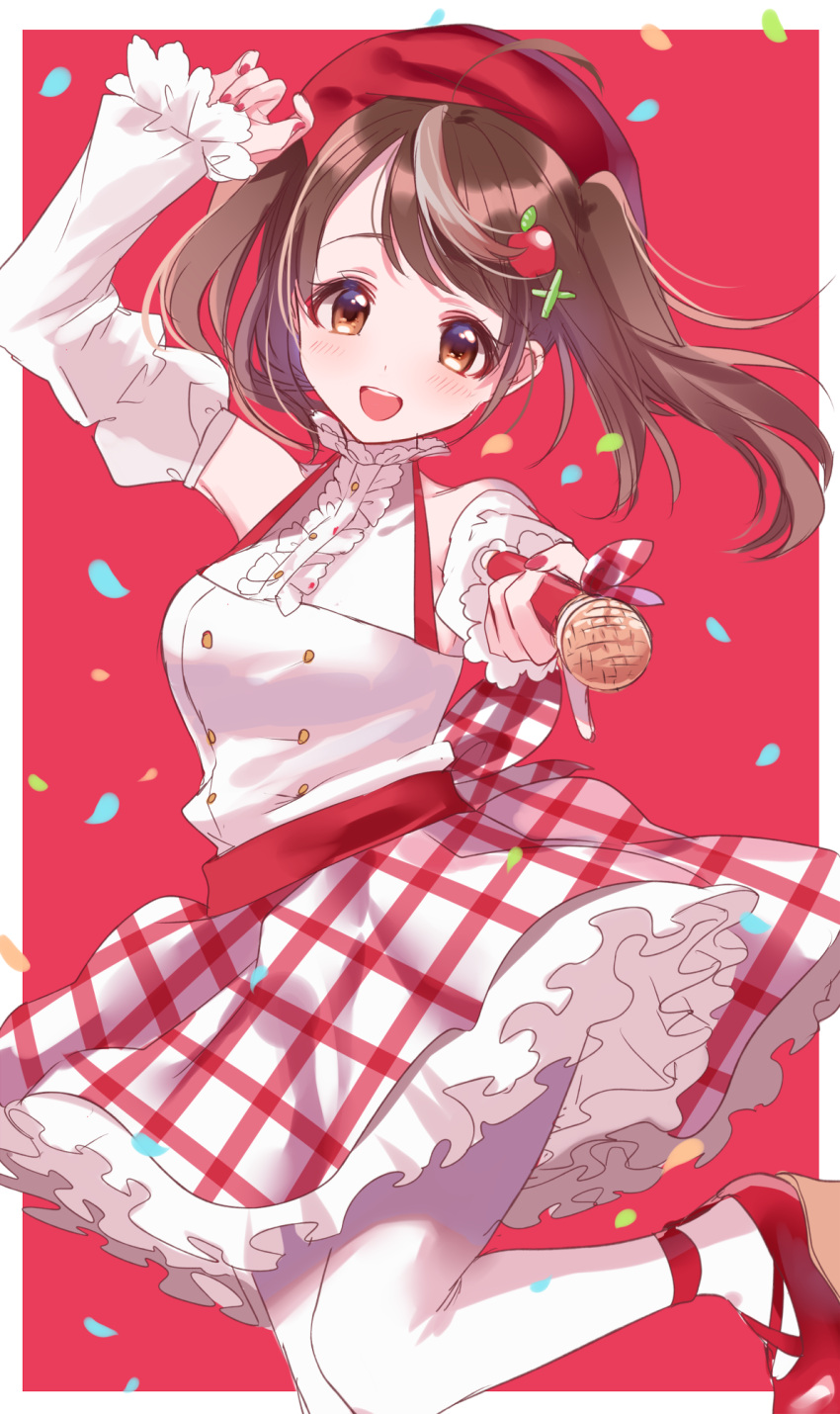 1girl, :d, ahoge, apple_hair_ornament, blush, border, brown_eyes, brown_hair, dress, food_themed_hair_ornament, hair_ornament, highres, inuki_matoi, kagayaki_stars, long_sleeves, looking_at_viewer, misumi_(macaroni), open_mouth, pantyhose, petals, plaid, plaid_dress, red_background, red_footwear, smile, solo, twintails, virtual_youtuber, white_border, white_dress, white_legwear