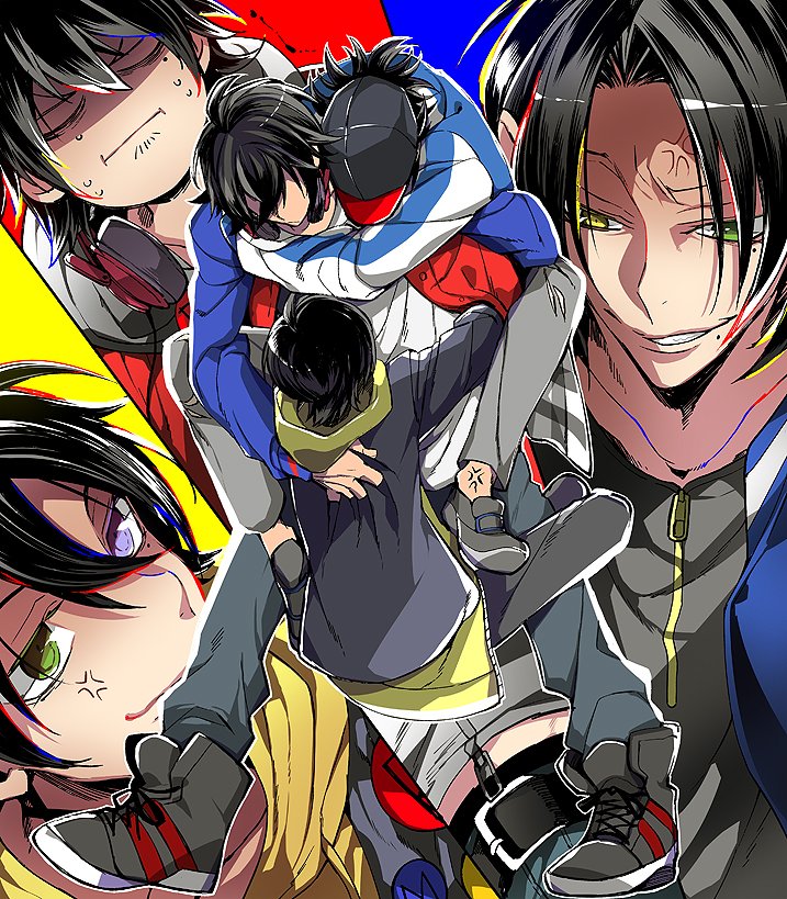 3boys, anger_vein, baseball_cap, black_hair, blue_eyes, brothers, carrying, green_eyes