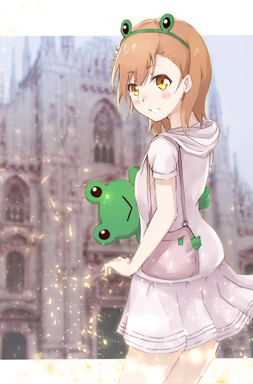 1girl, blush, brown_hair, cowboy_shot, eyebrows_visible_through_hair, flugel_(kaleido_scope-710), green_hairband, grin
