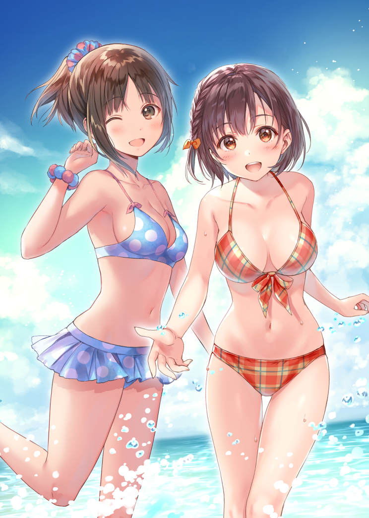 2girls, :d, ;d, artist_name, bikini, bikini_skirt, blue_bikini, blue_sky