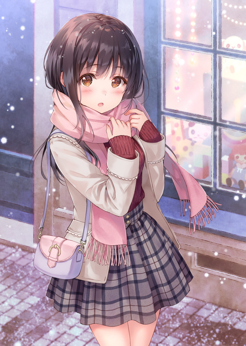 1girl, :o, absurdres, bag, bangs, blush, breasts, breath