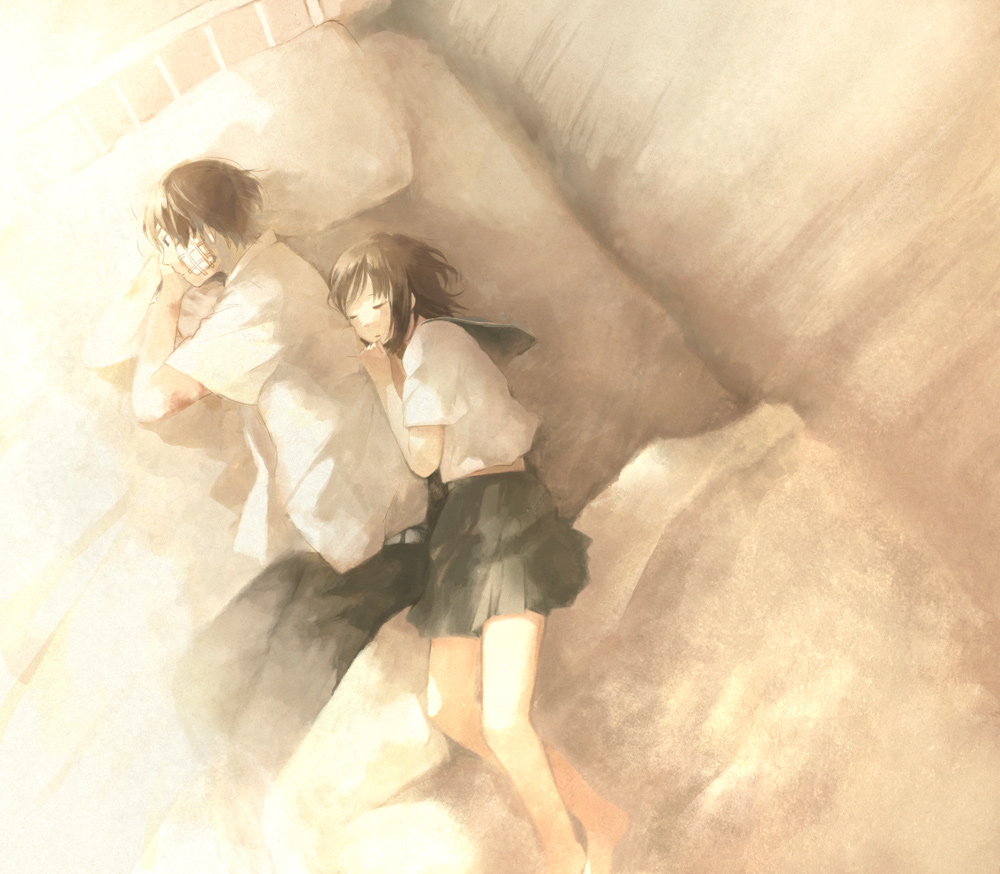 bed, brown_hair, closed_eyes, couple, lying, school_uniform, serafuku, wakana_(artist)
