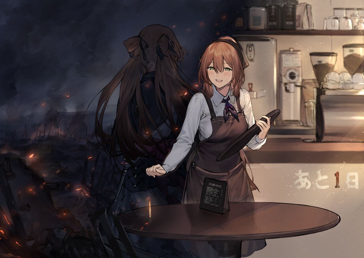 1girl, alternate_costume, apron, bangs, blazer, blush, bolt_action, breasts